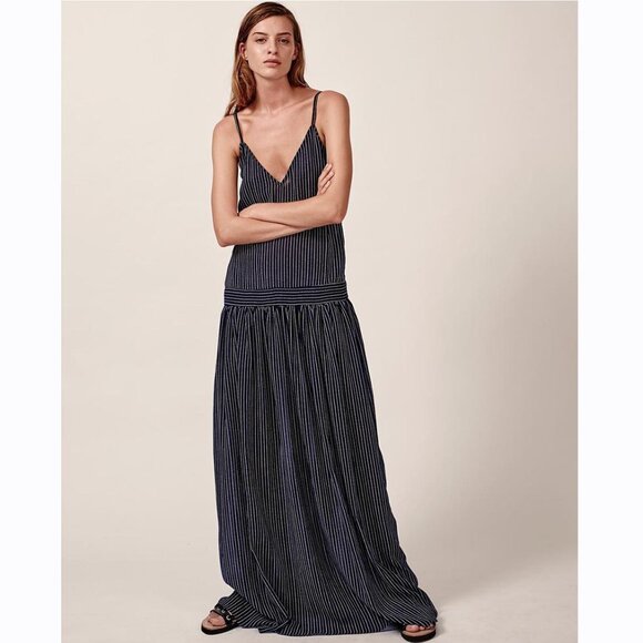 MATIN Studio Womens Ravello Maxi Dress 6 Straps Navy Blue Striped Cotton - Picture 1 of 11